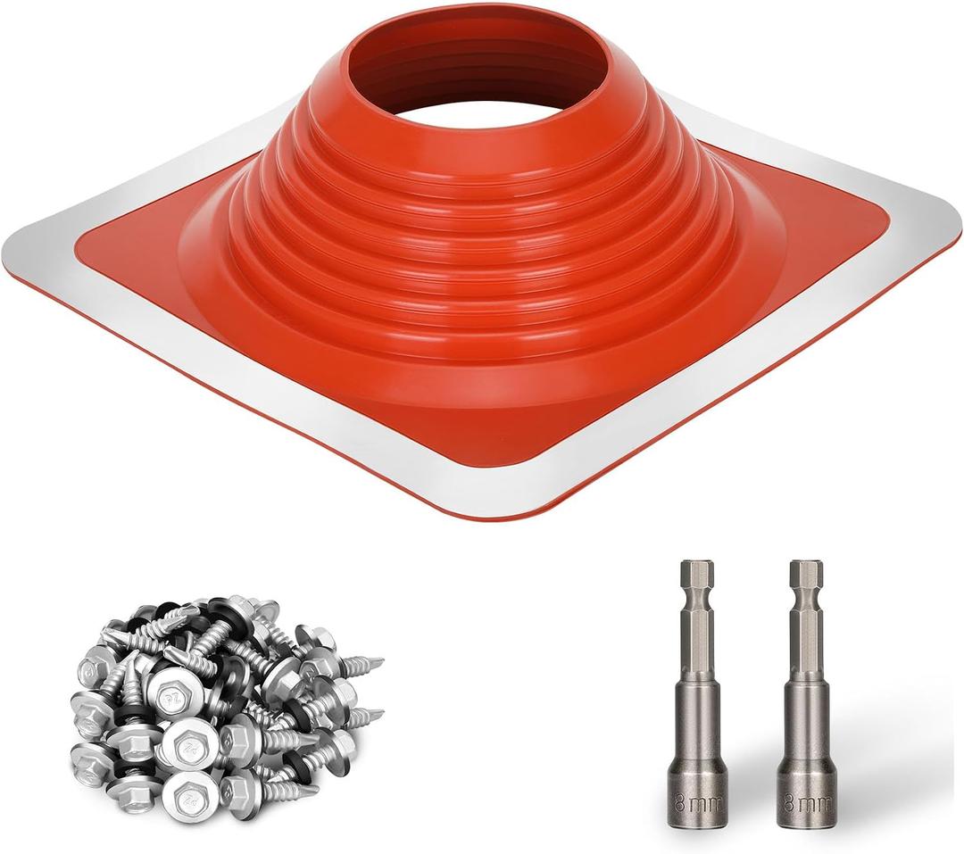 #8 Metal Roof Pipe Flashing Boot, Metal Roofing Pipe Flashing Boot Fits Pipe OD 7" to 13" Wide, Includes Flexible High Temp Silicone Chimney Boot, Hex Socket x2, Roofing Screw x50, Square Base, Red