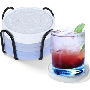 Photect Diatomaceous Earth Coasters Set with Holder Absorbent Stone Drink Coasters Instant Drying Tray for Tabletop Protection Home Decoration Housewarming Gift(Cyan,6 Pcs)