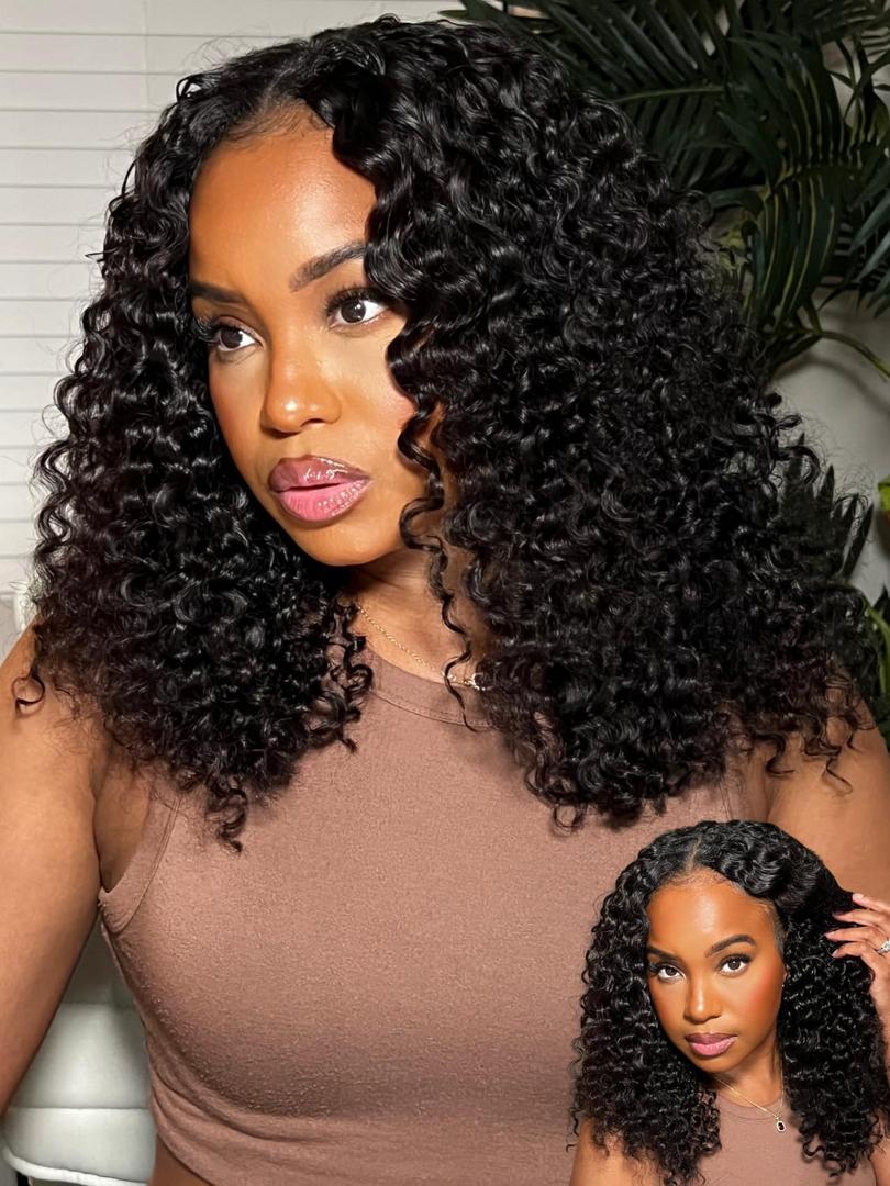 Julia Hair EasiContour 12A V Part Jerry Curly Glueless Wigs Human Hair Clip in Half Wig No Leave Out Vpart Wig Upgrade U Part Human Hair Wig for Women No Glue Beginner Friendly Natural Color 20 Inch