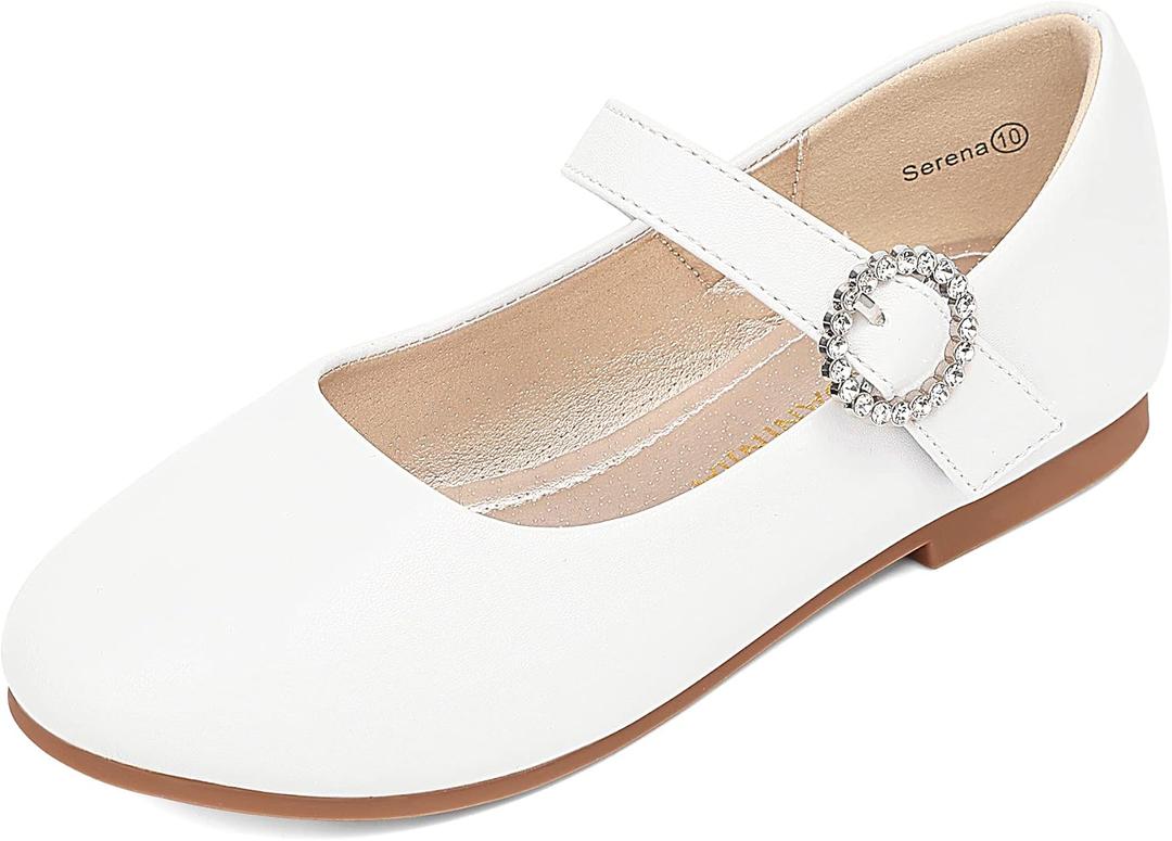 PANDANINJIA Sarena Girls Dress Shoes Rhinestone Flower Girl Ballerina Ballet Flats Mary Jane Wedding Party School Shoes for Toddler Little Kid Big Kid (White Pu, 2 M US Little Kid)