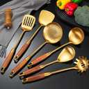 Gold Kitchen Utensils Set with Wooden Handle, 6 PCS Professional Stainless Steel Cooking Utensils Set, Wok Spatula, Ladle, Skimmer, Slotted Spatula Turner, Spaghetti Spoon, Large Spoon