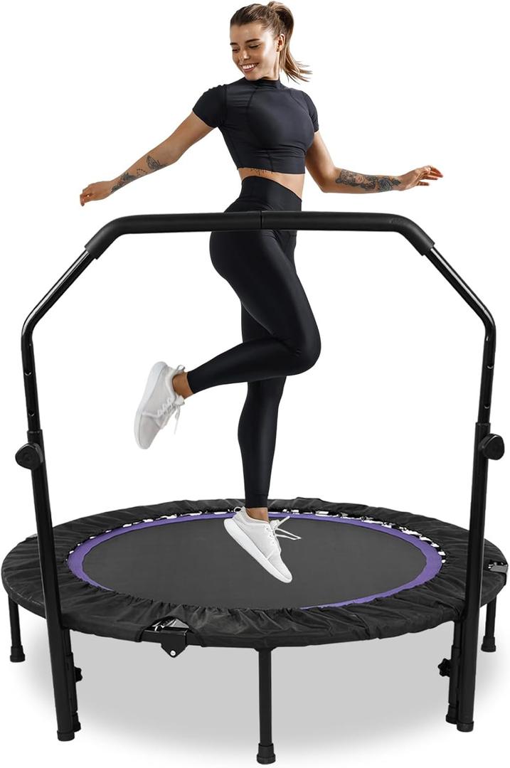 48" Foldable Mini Trampoline, Indoor Outdoor Fitness Trampoline for Adults Indoor/Garden Workout, Exercise Rebounder with Adjustable Foam Handle, Max Load 440lbs (U-Shape, Purple)