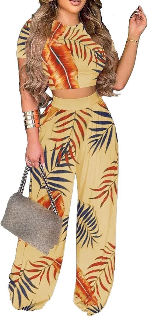 Mandonce 2 Piece Outfits for Women Crew Neck Short Sleeve Crop Tops Printed Wide Leg Long Pants Summer Matching Sets (X-Large)
