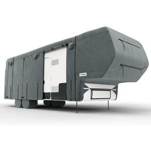KING BIRD RV Cover, Heavy Duty 5-Layer Snow Protection, Fits 29-33ft 5th Wheel Campers, with Adhesive Repair Patches,Windproof Straps&Tire Covers
