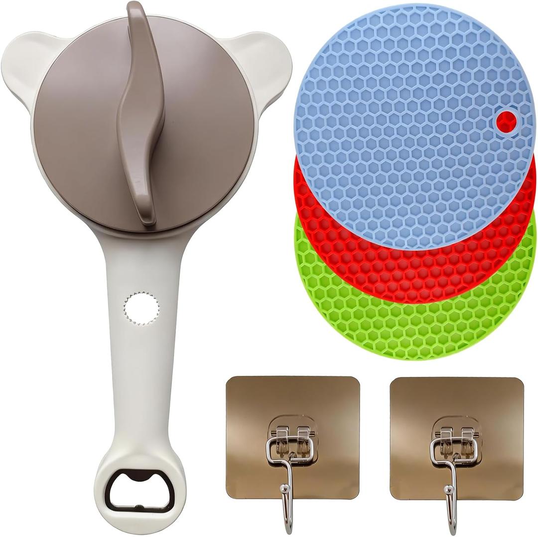 4-in-1 Jar & Bottle Opener for Seniors - Easy Grip | Multi functional & adjustable Ergonomic handle, non-slip grip Stainless, silicone pads Jars, bottles & beer, hooks included