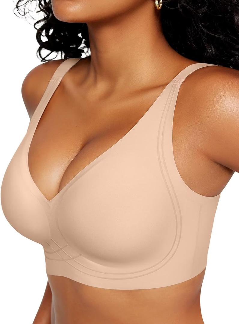 Vertvie Deep V Bras for Women No Underwire Push Up Wireless Bra Comfort Seamless Supportive Bra Racerback Soft Sleep Bralette (Large, Nude)