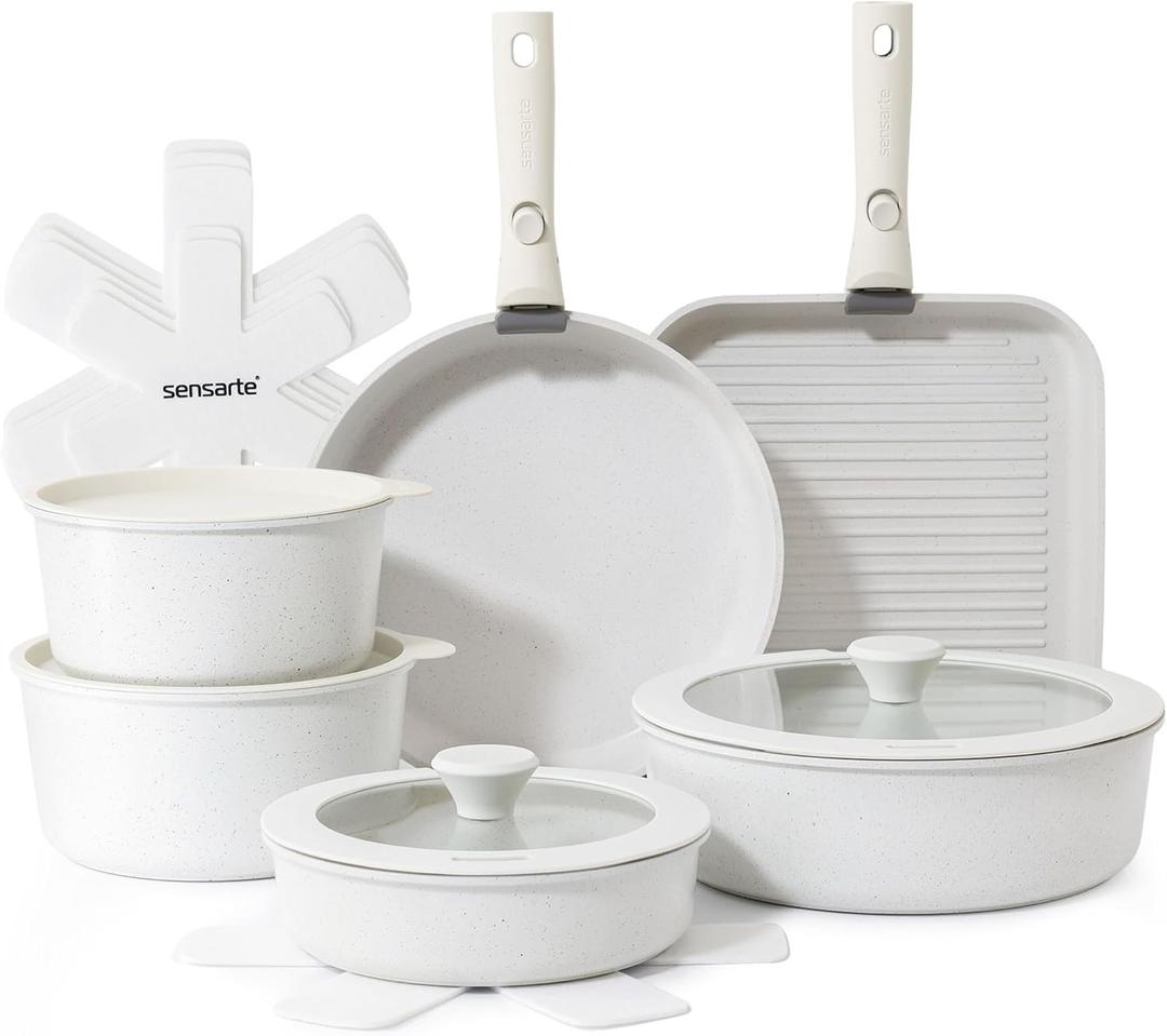SENSARTE 17 Piece Pots and Pans Set, Nonstick Detachable Handle Cookware Set, Induction Kitchen Cookware Set with Removable Handle, Healthy Non Stick for RV, Dishwasher Oven Safe, PFOA Free (White)