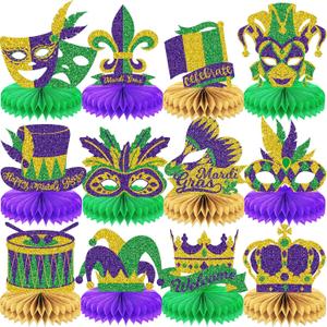 12 Pieces Mardi Gras Party Decorations Honeycomb Centerpieces Crown Mask Sign Table Toppers Double Side Gold Green Purple Table Centerpieces for Mardi Gras Masquerade New Orleans Party Supplies Favor