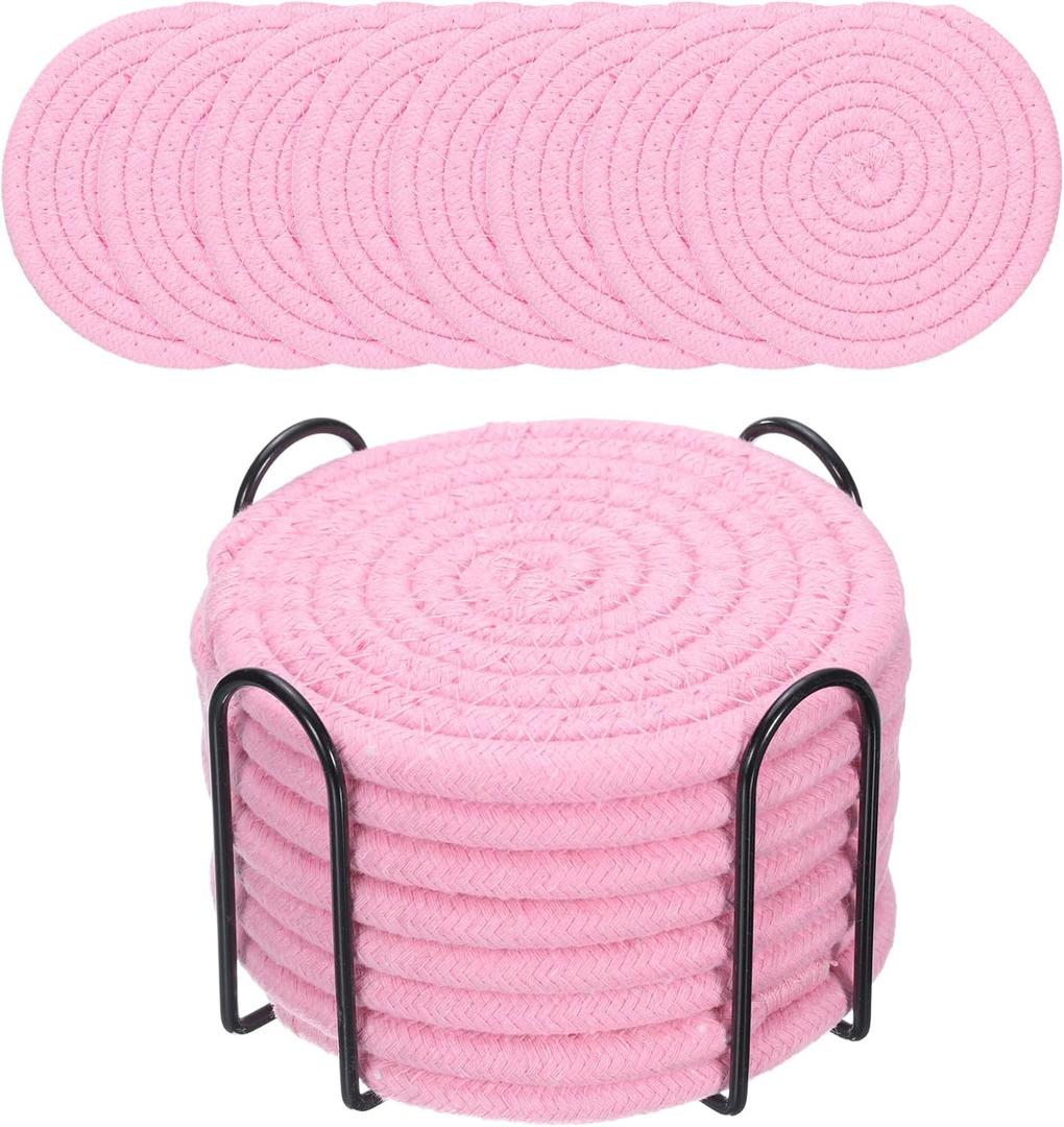 uxcell 8 Pcs Drink Coasters with Holder, Cotton Woven Coaster Set, Absorbent Coasters for Cups, Drinks, Home Decor and Tabletop Protection, 4.3 Inches Pink