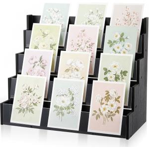 Yuntau 4 Tier Greeting Card Display Stand Black Bamboo and Acrylic Sticker Display Stand Trading Card Holder Retail Photos Shelf for Vendors Craft Collection & Show