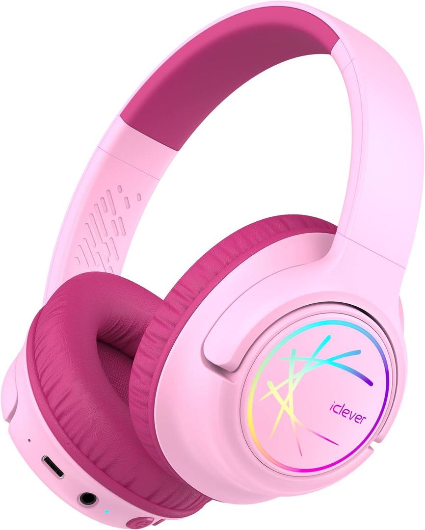 iClever Kids Bluetooth Headphones with LED Lights, BTH18 Safe Volume 74/85dBA, 43H Playtime, Bluetooth5.3 Kids Headphones Wireless Aux Cord for iPad/Tablet/Travel/School, Blossom Pink