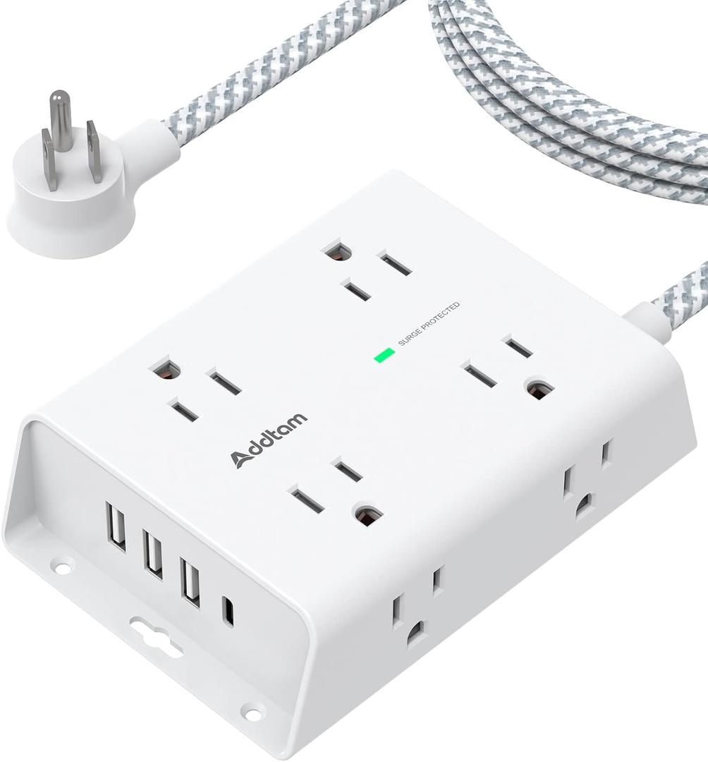 Surge Protector Power Strip - 8 Widely Outlets with 4 USB Ports(1 USB C Outlet), Addtam 3-Side Outlet Extender Strip with 5Ft Extension Cord, Flat Plug, Wall Mount for Dorm Home Office, ETL Listed (White)
