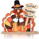 Thanksgiving Decorations Wooden Turkey Pumpkin Table Sign, 10.9 x 11 inches, Modern, Colorful, Tabletop, Wood (Large)