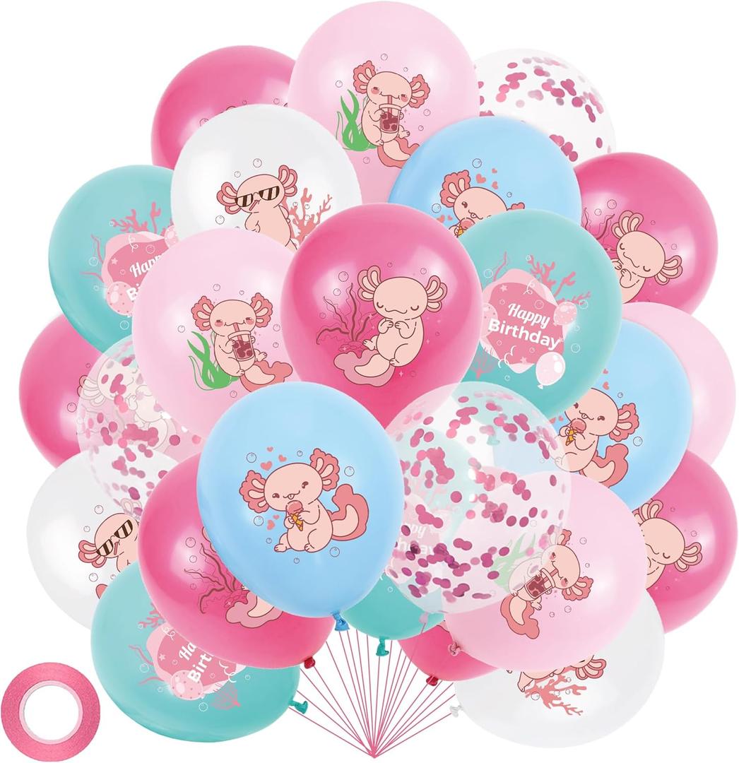 Axolotl Balloons Happy Birthday Decorations - 55Pcs Pink Cute Cartoon Axolotl Theme 12 Inch Latex Balloon, Animal Decor for Girls Birthday Party
