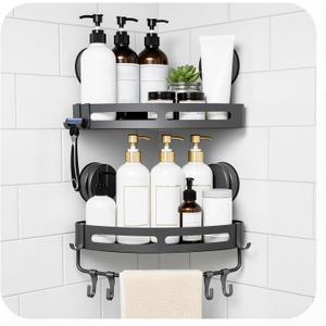 Corner Shower Caddy Suction Cup Shower Shelf Corner No Drilling Bathroom Shower Organizer Storage Rack Suction Cup Type with Towel Bar Hooks