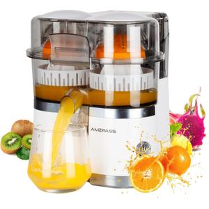 Dual-Head Electric Orange Juicer Squeezer, Citrus Juicer Machines with Power Cord & Cleaning Brush, 1-Touch Automatic Juicer Machine for Orange, Lemon, Lime, High Juice Yield, Built-in Cutter (White)