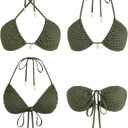 ZAFUL Women's Triangle Bikini Multiway Fishnet Tie Side Bandeau Halter String Bikini Set Two Piece Swimsuit Bathing Suits (Green, L)