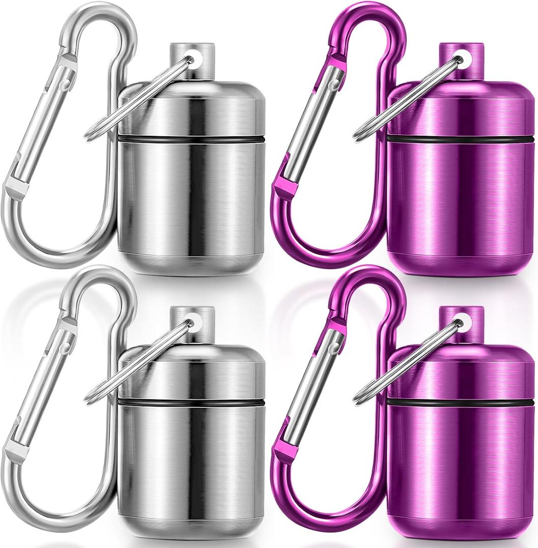 Hicarer 4 Pack Ear Plug Carrying Case, Waterproof Metal Ear Plug Holder with Keychain, Portable Small Pill Case Container for Earplugs, Jewelry, Pill Organizer for Travel or Sports(Silver, Purple)