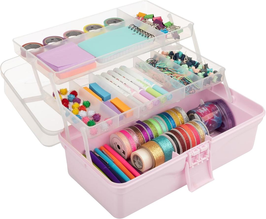 14 Plastic Tackle Box Organizer - 3-Layer Portable Sewing Box, Art Caddy, Craft Storage, First Aid Medicine Utility Toolbox or Hair Accessories Organizer with Latch and Handle by Stalwart (Pink)