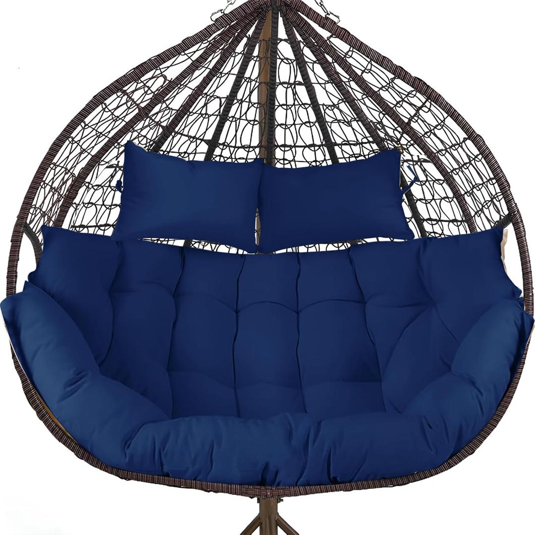 DANGHOOGY Outdoor Double Egg Chair Cushions, Waterproof Wicker Egg Chair Replacement Cushion, Thickened Hanging Chair Cushion, 65x47x7 Inches (Blue)
