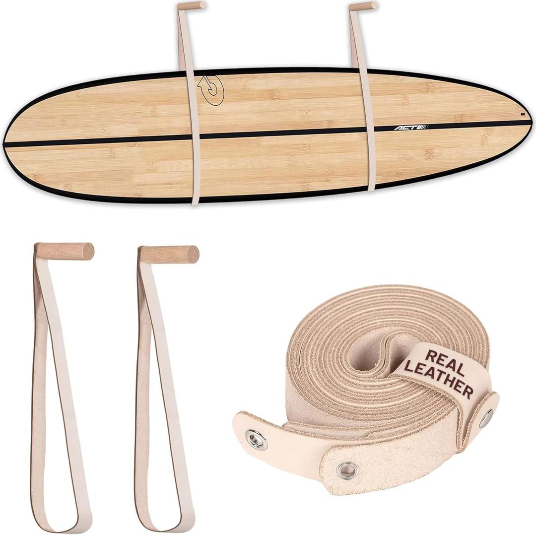 Hang 11 Surfboard Wall Mount - Surf Board Wall Hangers, Surfboard Hanger, Beautiful Sustainable Wood & Leather Rack, Perfect to Display Your Board, Horizontal Surf Racks, Surfing Accessories (White)