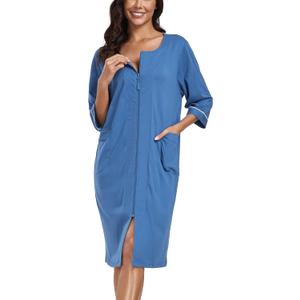 ANLIQI Womens Zipper Robe 100% Cotton Housecoat Lightweight Knee Length Bathrobe 3/4 Sleeve Zip Front House Coat with Pocket (Medium, A2_blue)