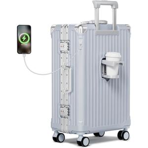 Krute No Zipper Carry On Luggage 20in Suitcase with Cup Holder and Charger