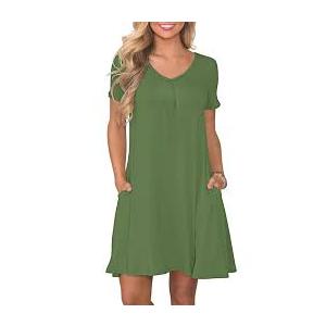 PLOKNRD Women's Casual Dress Summer Short Sleeve T-Shirt Dress Crew Neck Basic Dresses 2025 (Army Green, L)