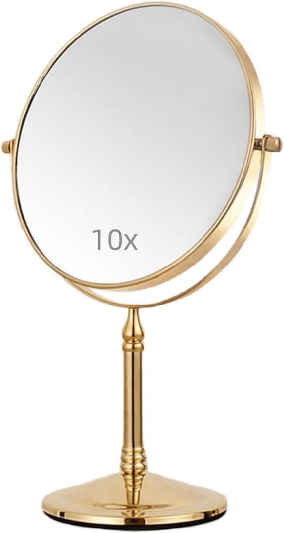 Gold Makeup Mirror 1X/10X Free Standing for Bathroom 8 Inches 360 Swivel Dual-Sided Tabletop Makeup Mirror, Metal (Gold Without Light)
