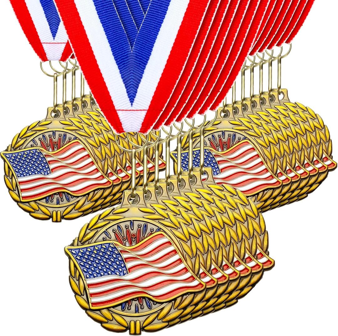 30 Pack Gold Patriotic Medals 2'' American Flag Medals Bulk Trophy with Neck Ribbons Spirit Medallion with Stars Stripes USA Flag Independence Day Awards for Participation Prize Winner Gift