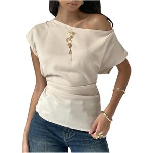 MakeMeChic Women's Asymmetrical Neck Blouse Ruched Short Sleeve Dressy Tops (S)