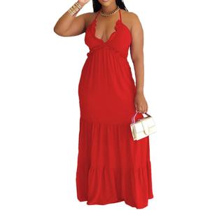 TOPSRANI Womens Sleeveless Maxi Dress Halter Casual Backless Smocked Tiered Ruffle Flowy Sexy Slip Sling Strap Dresses, XL