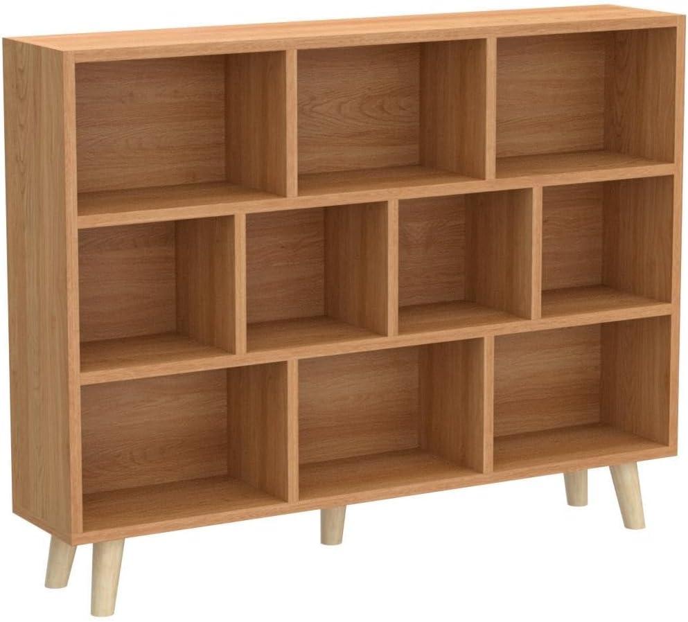IOTXY Wooden Open Shelf Bookcase - 3-Tier Floor Standing Display Cabinet Rack with Legs, 10 Cubes Bookshelf, Pear Yellow