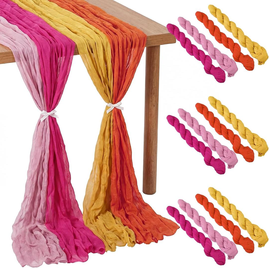 Remagr 12 Pcs Pink and Orange Party Cheesecloth Gauze Table Runners Boho Wedding Decor Rustic Sheer Runner for Wedding Table Bridal Shower Birthday Party Decorations