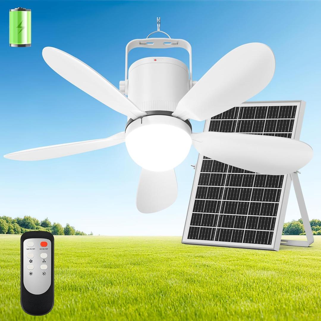 21” Solar Ceiling Fan Light, 35W Solar Powered Gazebo Fan with Remote Control, Rechargeable Battery Operated Portable Camping Fan Outside, for Tent Patio Greenhouse Porch Canopy Pergola