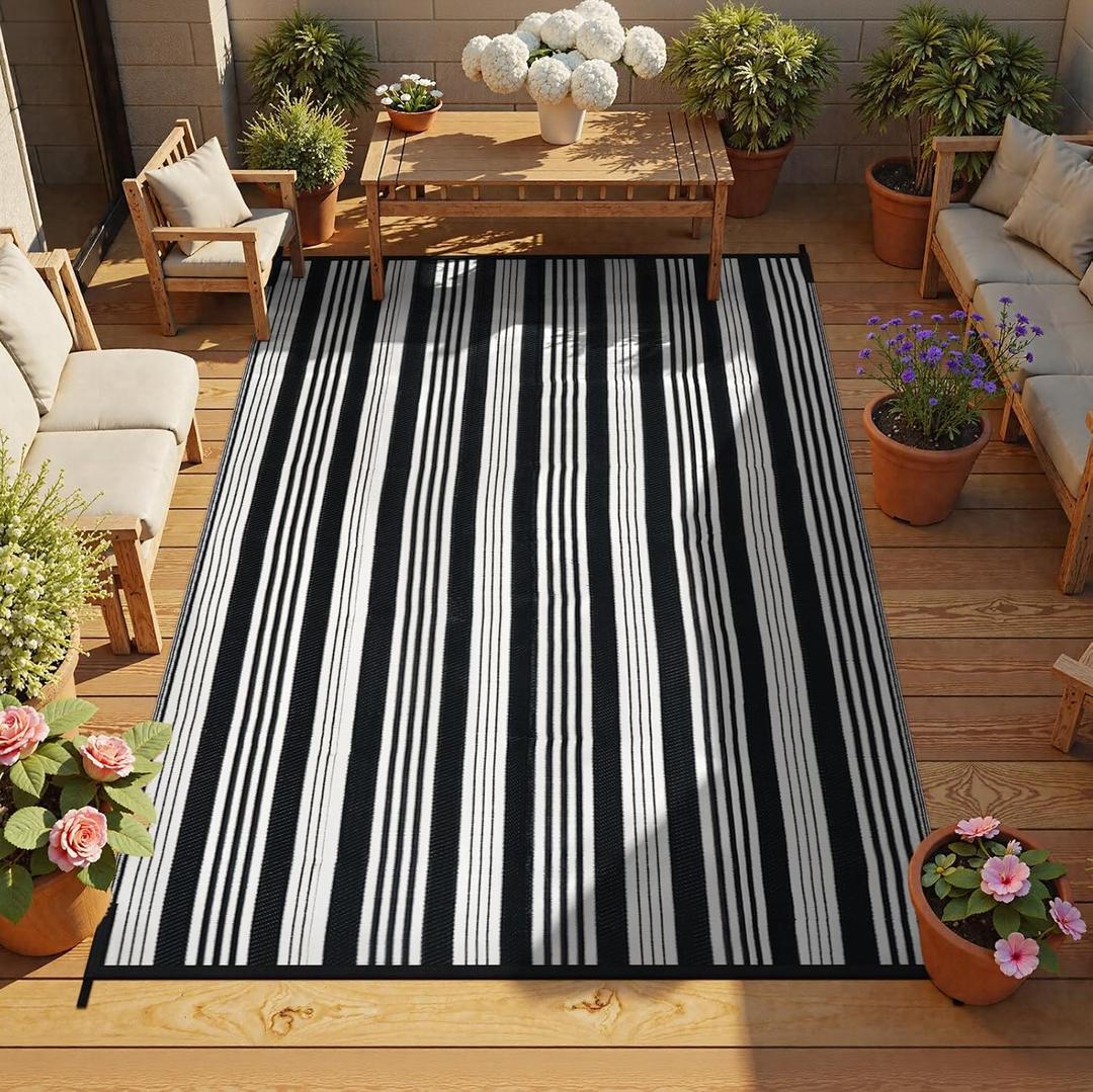 LEEVAN Outdoor Rug Waterproof for Patio Clearance Black and White Camping Rug 8x10 Plastic Straw Striped Floor Carpet for Backyard, Picnic, RV, Deck, Bench, Balcony