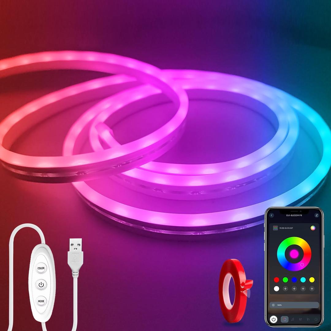 LED Neon Lights6.6ft USB Powered LED Strip Lights5V Music Sync Color Changed Rope Light with APP ControlIP65 Waterproof RGB Rope Lights for BedroomCabinet,Kitchen (with Adhesive Backing)