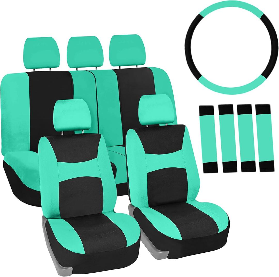 FH Group Full Set Cloth Car Seat Covers , Universal Fit combo, Low Back Front Seat Covers, Airbag Compatible, Split Bench Rear Seat, Washable Seat Cover for SUV,Sedan,Van, Mint