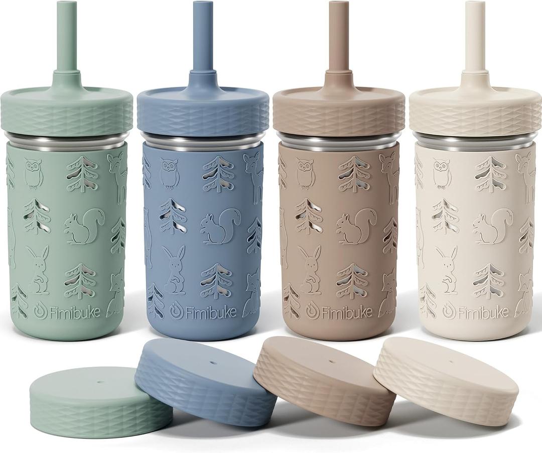 Fimibuke Toddler Cups Spill Proof, 12 OZ Sippy Cups for Kid Girl Boy, Leak Proof Stainless Steel Tumbler with Lid, Silicone Straw & Sleeve, BPA Free Dishwasher Safe Water Bottle Snack Container 4 Pack