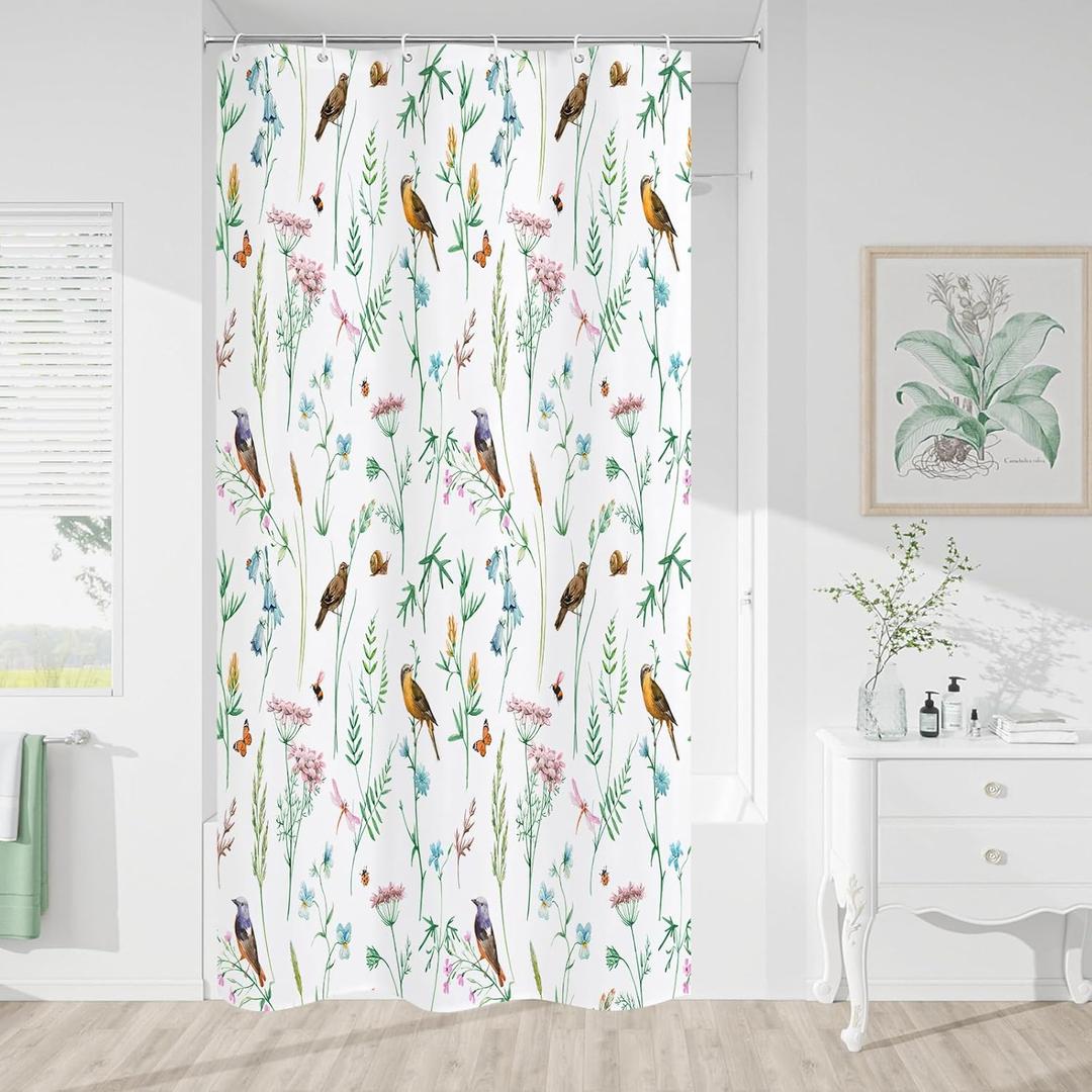 Small Stall Green Cute Floral Shower Curtain 36 x 72, Watercolor Birds, Butterflies, Snails & Flower Design Shower Curtains for Chic Bathroom, Nature-Inspired Narrow Half Size Shower Curtain