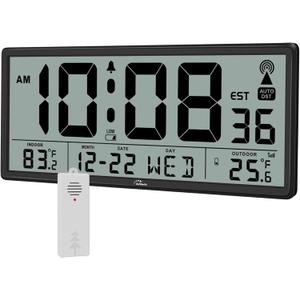 WallarGe Atomic Clock with Indoor Outdoor Temperature - Easy to Read - Self Setting, 14.5'' Jumbo Auto Set Digital Wall Clock Battery Operated (Carbon)