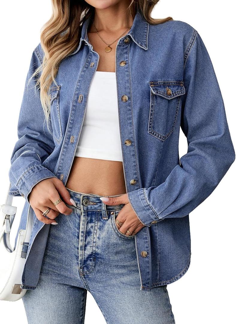 Sidefeel Women Denim Shirt Long Sleeve Button Down Jean Shirts Casual Oversized Trendy Shacket Tops Blouses, XL