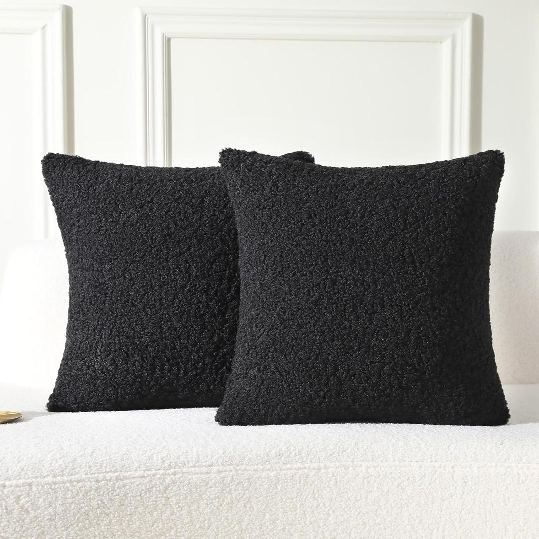 FUTEI Black Throw Pillow Covers 26x26 Inch Set of 2,Furry Faux Fur Teddy Boucle Textured Cushion Covers,Soft Fluffy Decorative Euro Pillow Shams,Home Decor for Couch Bed Living Room Office Car