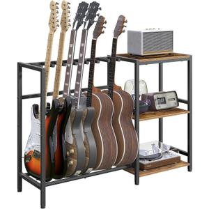 Guitar Stand, Guitar Holder for 6 String Instruments, Suitable for Acoustic Guitar, Bass, Guitar Rack with Side Shelves for Record Player, with Non-Slip Rubber Pads, Rustic Brown GSHR9701V1 (5-6 Guitars, Rustic Brown and Black)