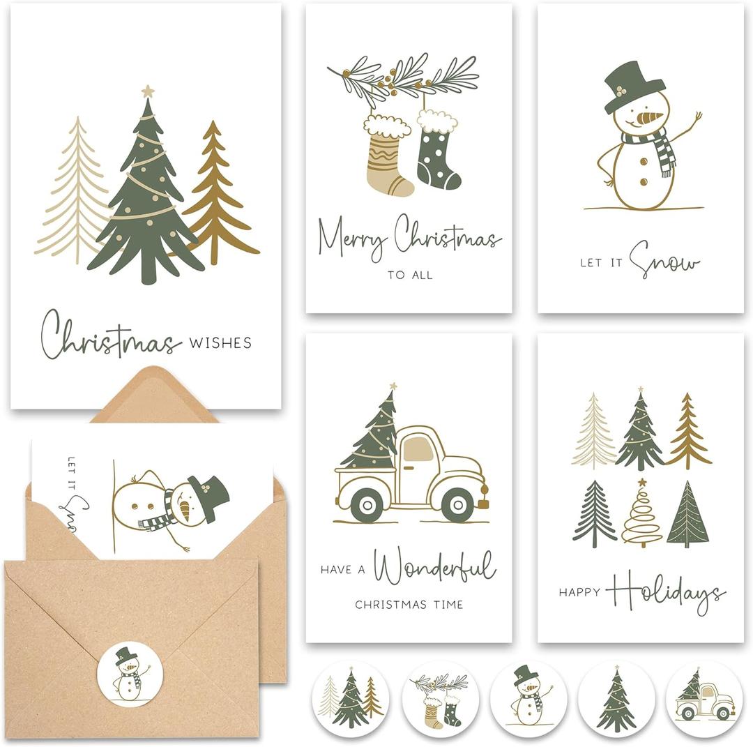 20 Minimal Christmas Cards Boxed with Envelopes & Stickers, Cozy Xmas Cards with 5 Elegant Designs, Incl. Pre-Written Message & Space to Personalize Warm Wishes for Friends, Family & Coworkers