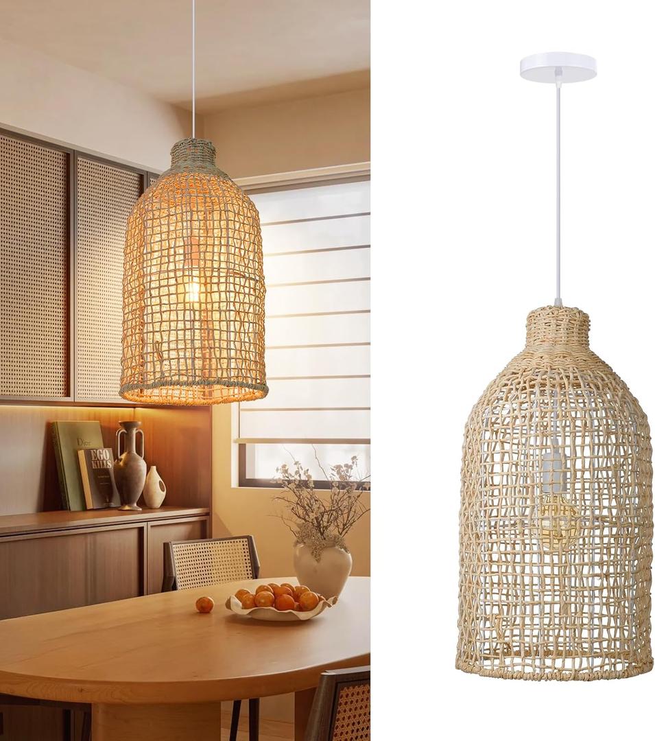 Arturesthome Farmhouse Pendant Lights for Kitchen,11.8"*21.6" Boho Chandelier Lighting Rattan Hanging Lamp Woven Lampshade for Living Room Bedroom (30CMx55CM)