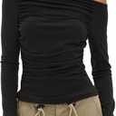 2 x Darong Women Off Shoulder Shirts Long Sleeve Ruched Going Out Tops Trendy Slim Fit Fall Blouses Y2K Tops (Black, S)