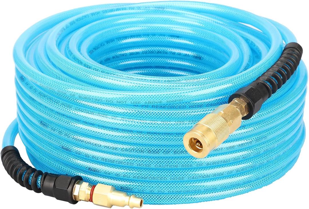 Keepro Reinforced Polyurethane Air Hose, 1/4 Inch ID By 100 Feet Long Air Compressor Hose with Repairable Swivel Solid Brass 1/4" Industrial Quick Coupler and Plug, 300 PSI Maximum Pressure, Blue