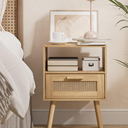 Nightstand, Small Night Stand, Side Table with Drawer Open Shelf, Cane Accent Bedside End Table with Wood Legs, Mid Century Modern Nightstand for Bedroom, Oak (Mid-Century Modern)