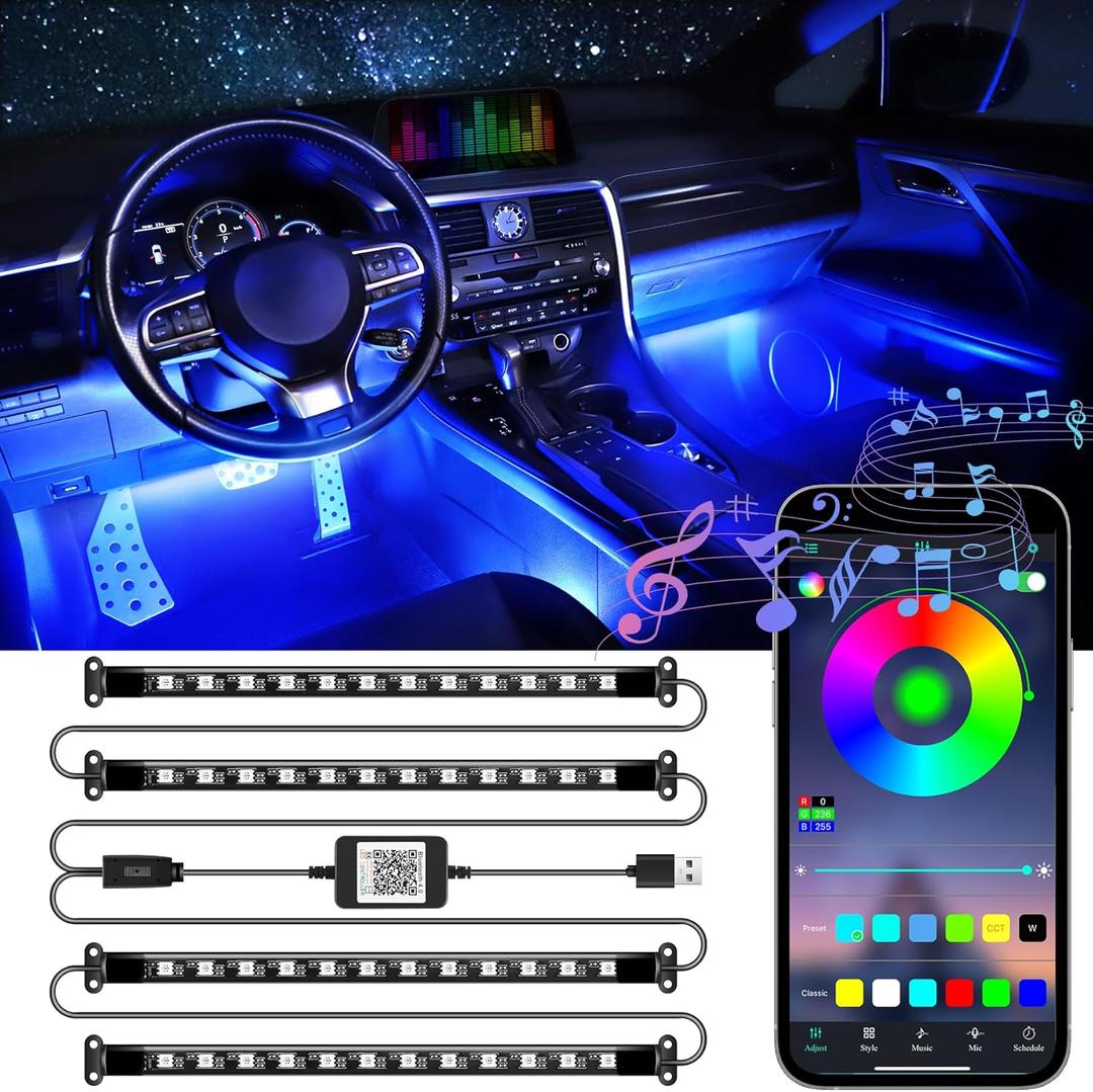 LivTee Accent Interior Car Lights, Smart Car Interior Lights with App Control, RGB LED Lights with Music Mode and DIY Mode, 2 Lines Design LED Lights for Cars with Charger, Car Accessories for Women (USB)